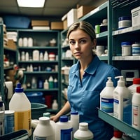 A female worker in a blue uniform stands in a well-stocked janitorial supply room, surrounded by shelves filled with cleaning products, disinfectants, and sanitization supplies.