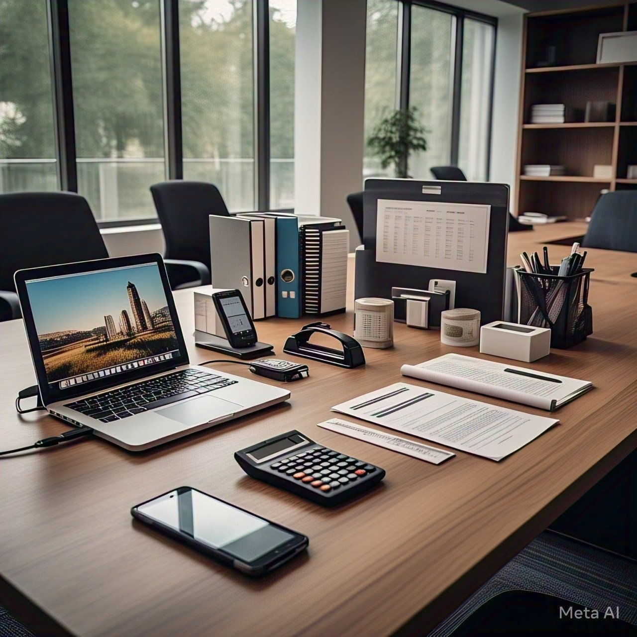 Modern real estate and property management setting with essential maintenance tools and specialized equipment neatly arranged in a well-lit office. A sleek, high-end property is visible in the background, emphasizing quality and care